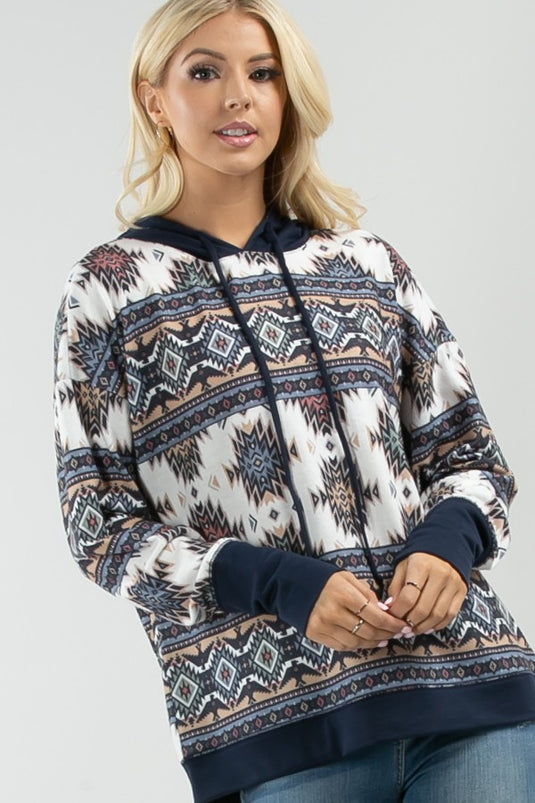 AVER6- Ladies Navy Aztec Print Color Block Hoodie