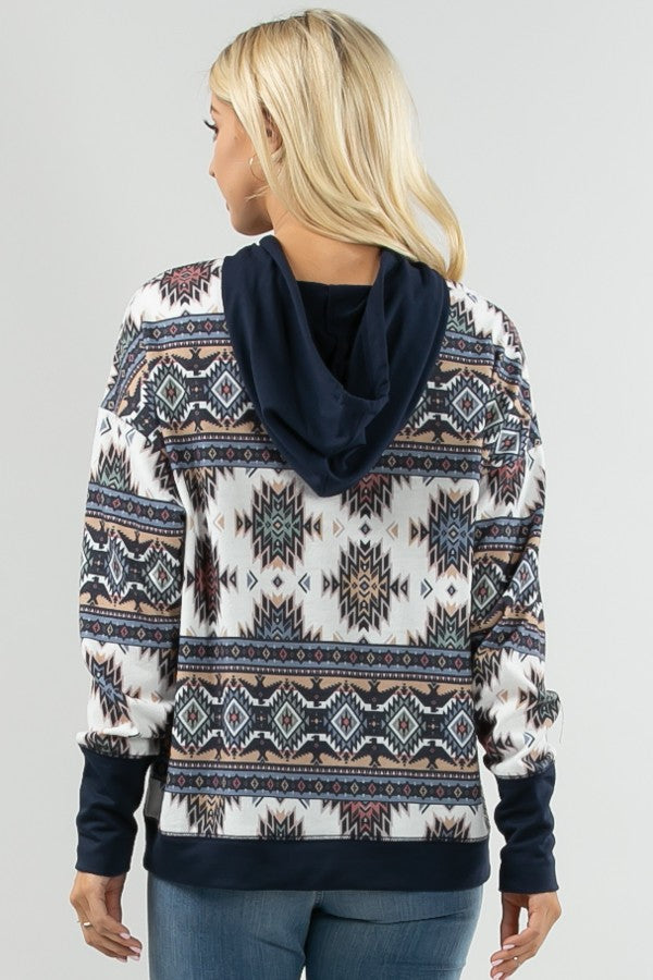 Load image into Gallery viewer, AVER6- Ladies Navy Aztec Print Color Block Hoodie
