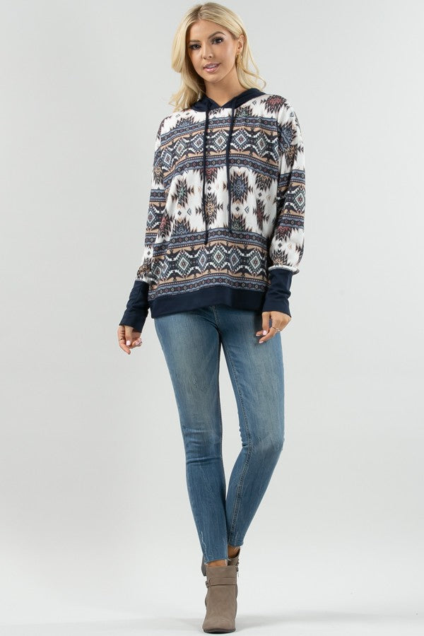 Load image into Gallery viewer, AVER6- Ladies Navy Aztec Print Color Block Hoodie
