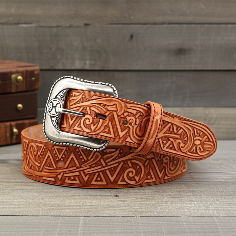 Load image into Gallery viewer, HMBLT046 - Hooey Classic Bomber 1.5&quot; Natural Leather Belt with Tribal Filigree Embossed Pattern
