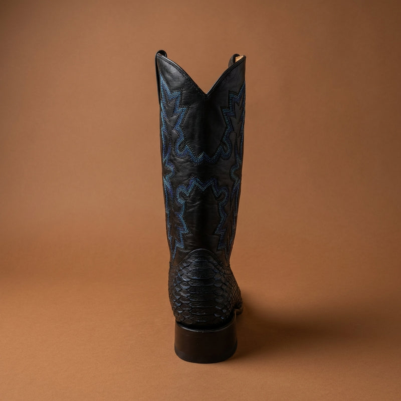 Load image into Gallery viewer, CP5008 - Cowboy Prayer Men's Black Python Print w/Blue Underlay Western Boots
