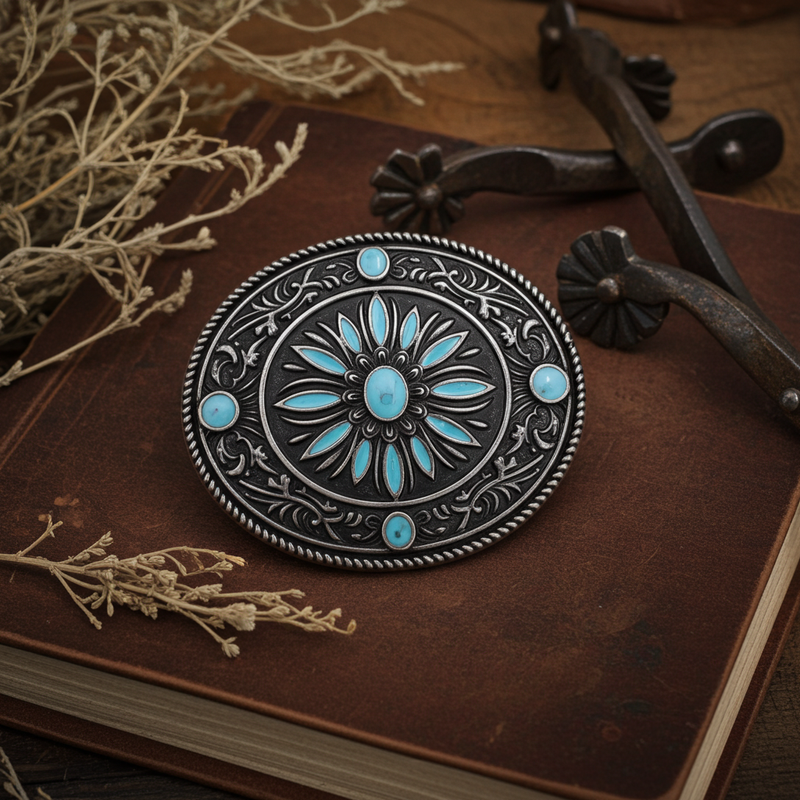 Load image into Gallery viewer, RLB505 - RockinLeather Nickle Turquoise Burst Belt Buckle

