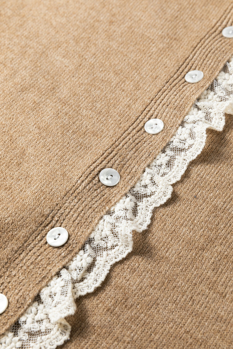 Load image into Gallery viewer, DLLS413 - Ladies Simply Taupe Contrast Frilled Lace Trim Loose Cardigan Sweater
