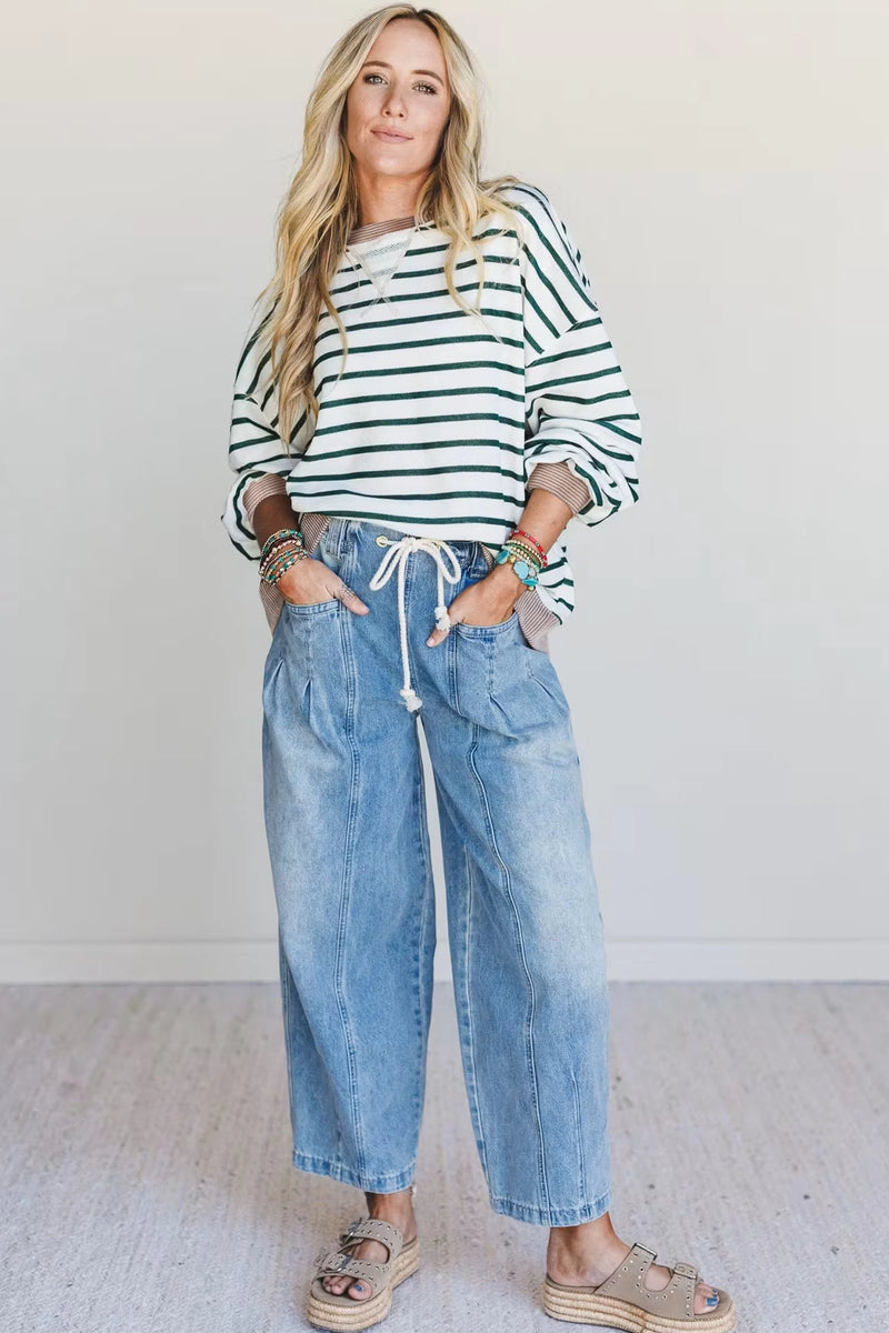 Load image into Gallery viewer, DLLS405 - Ladies White Stripe Twisted Ribbed Patchwork Drop Shoulder Round Neck Sweatshirt
