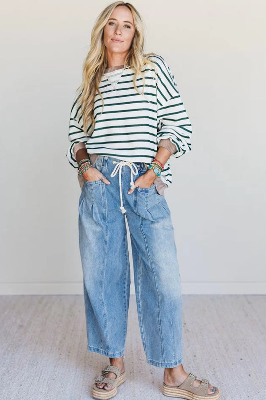DLLS405 - Ladies White Stripe Twisted Ribbed Patchwork Drop Shoulder Round Neck Sweatshirt