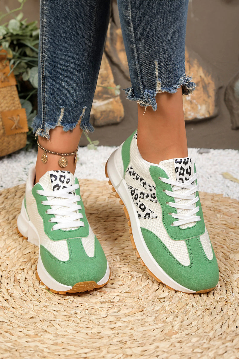 Load image into Gallery viewer, DLLSHOE 165 - Green PU Leather Leopard Color Block Detail Lace Up Sporty Sneakers
