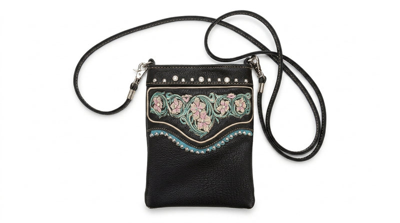 Load image into Gallery viewer, Rainbow Purse 15 - Black with Floral Design on Top

