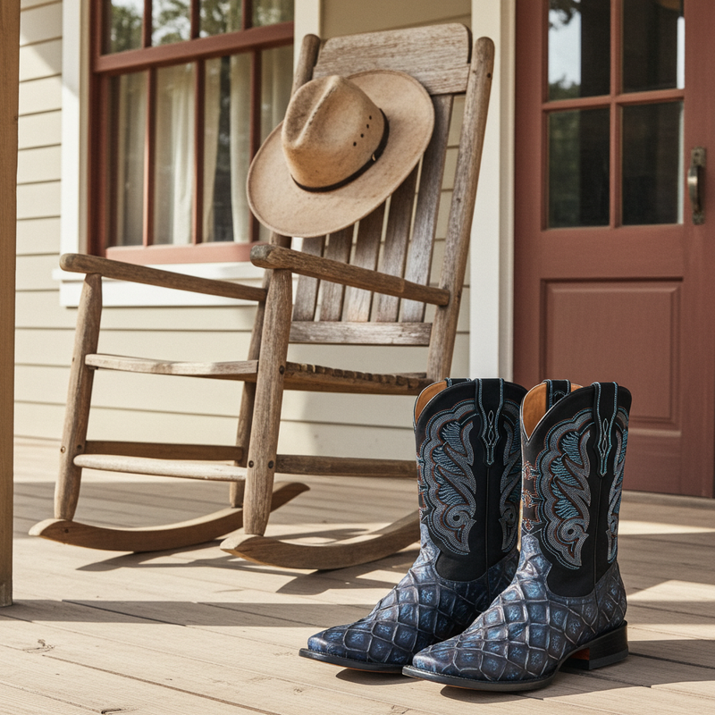 Load image into Gallery viewer, CP1707 - Cowboy Prayer Hand Crafted Blue Pirarucu Print Cowboy Boots
