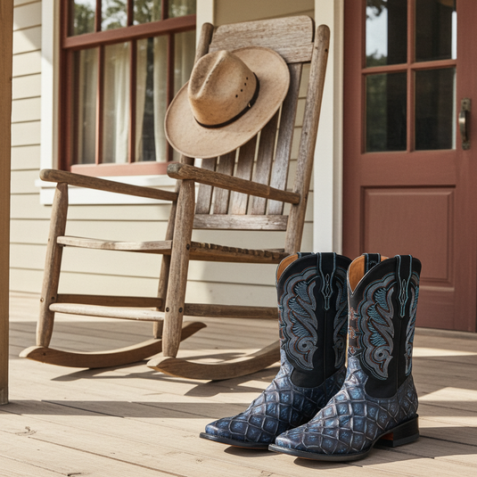 CP1707 - Cowboy Prayer Hand Crafted Blue Pirarucu Print Cowboy Boots