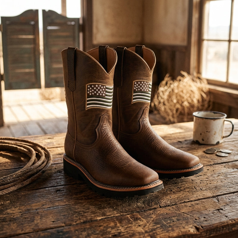 Load image into Gallery viewer, 5017- RockinLeather Men's American Flag Steel Toe Work Boot
