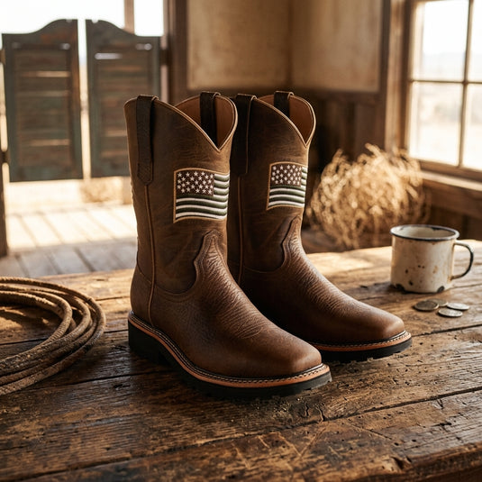 5017- RockinLeather Men's American Flag Steel Toe Work Boot
