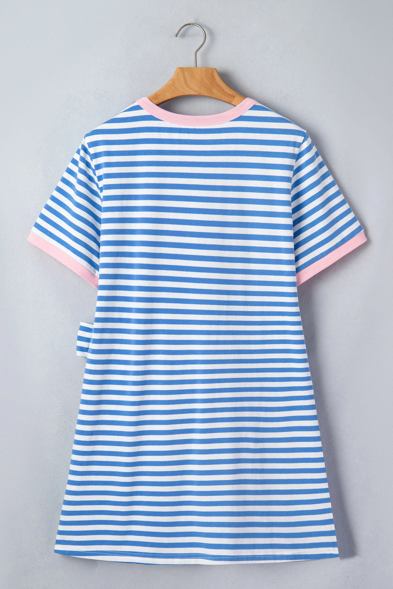 Load image into Gallery viewer, DLLS571 - Ladies Sky Blue Stripe Nautical Tie Contrast Trim Round Neck T Shirt Mini Dress

