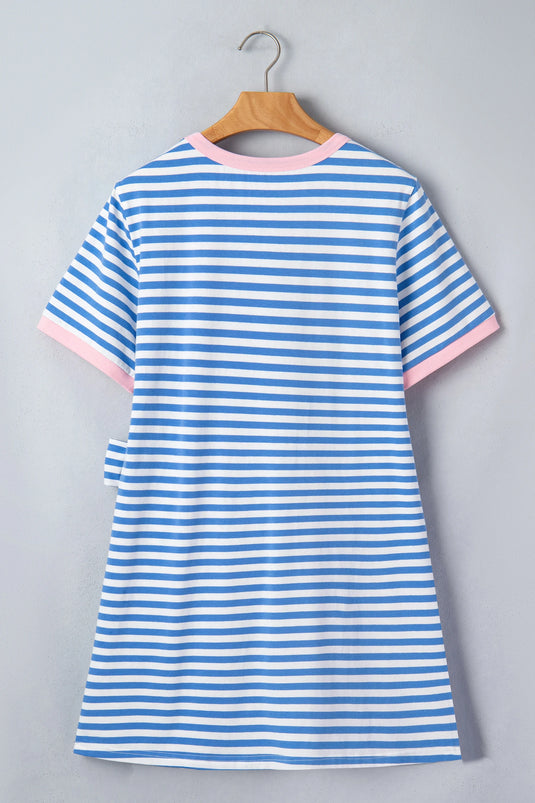 DLLS571 - Ladies Sky Blue Stripe Nautical Tie Contrast Trim Round Neck T Shirt Mini Dress