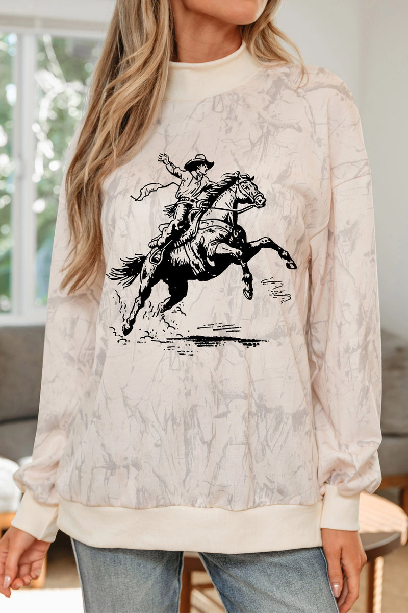 Load image into Gallery viewer, DLLS1017 - Ladies Khaki Western Rodeo Riding Print Tie-Dye Mock Neck Sweatshirt
