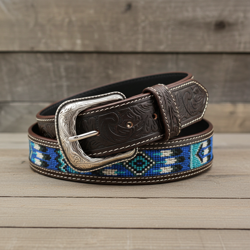 Load image into Gallery viewer, CP1008 - Cowboy Prayer Cowhide Leather Belt w/ Aztec Print Inlay
