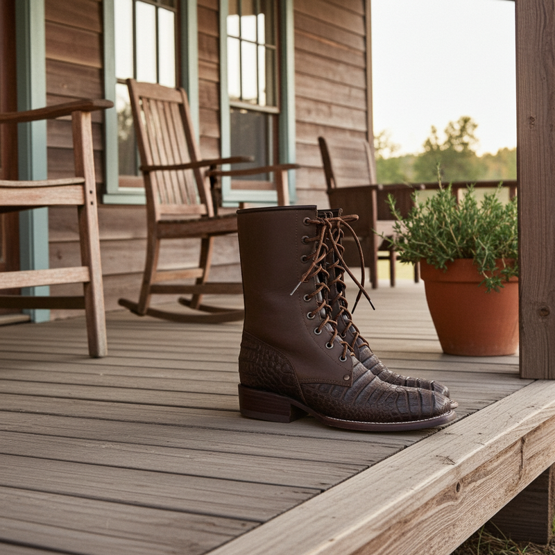 Load image into Gallery viewer, CP5002 - Cowboy Prayer Men&#39;s Gator Print Lace Up Packer Boots
