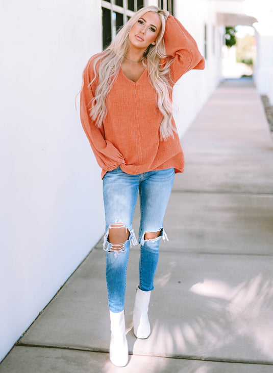 DLLS106 - Ladies Orange Crinkle Textured Frill Split Neck Puff Sleeve Blouse