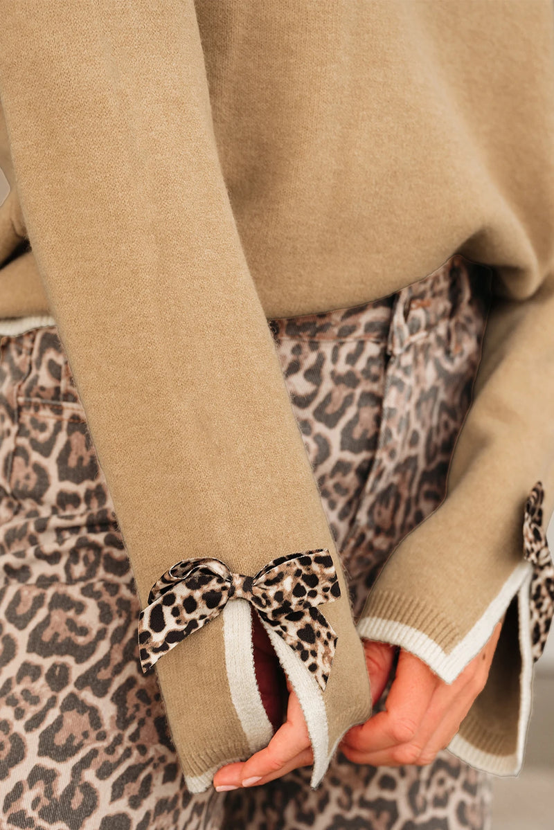 Load image into Gallery viewer, DLLS398 - Ladies Tan Leopard Bow Decor Split Cuff Contrast Trim Sweater
