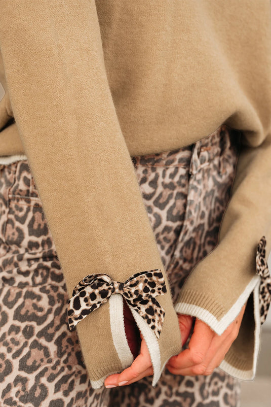 DLLS398 - Ladies Tan Leopard Bow Decor Split Cuff Contrast Trim Sweater