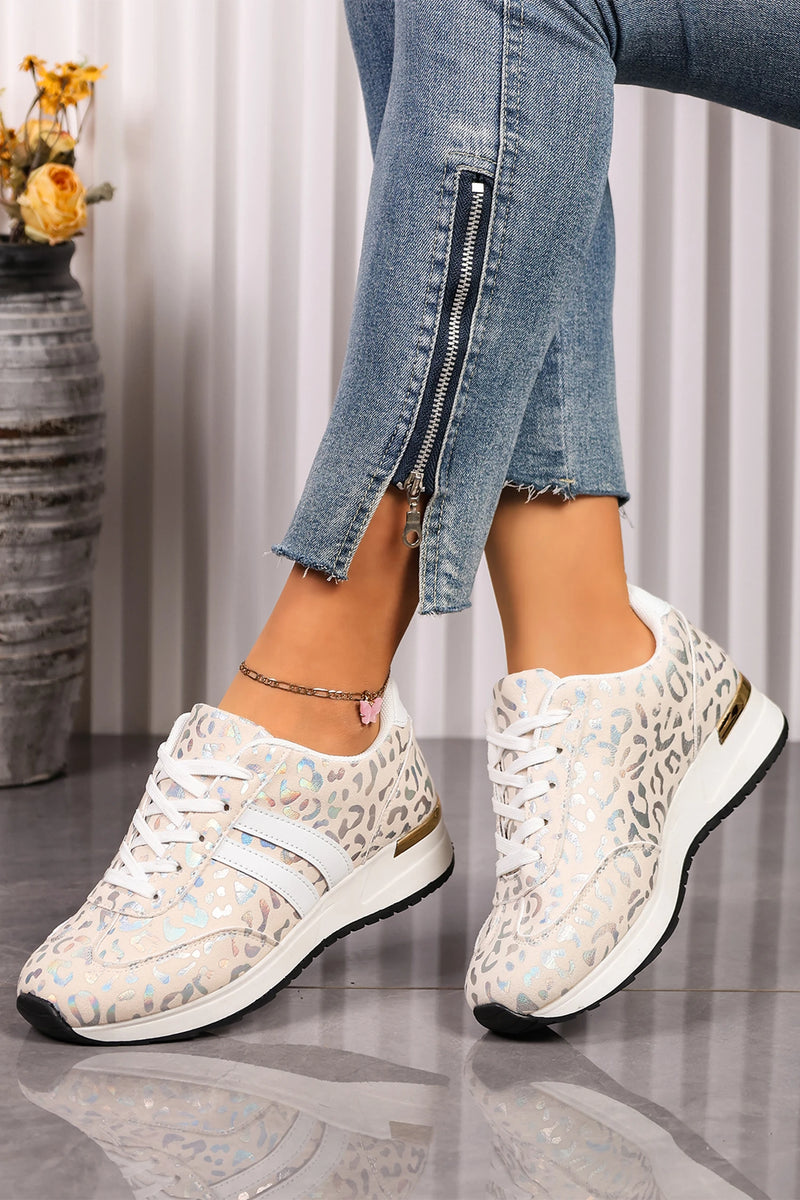 Load image into Gallery viewer, DLLSHOE 197 - White Leopard Print Lace-Up Low-Top Sneakers with Rubber Sole

