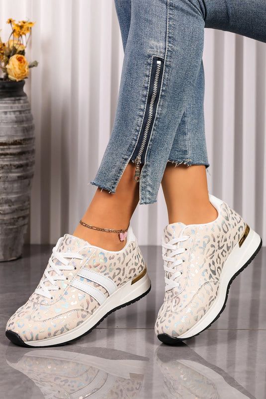 DLLSHOE 197 - White Leopard Print Lace-Up Low-Top Sneakers with Rubber Sole