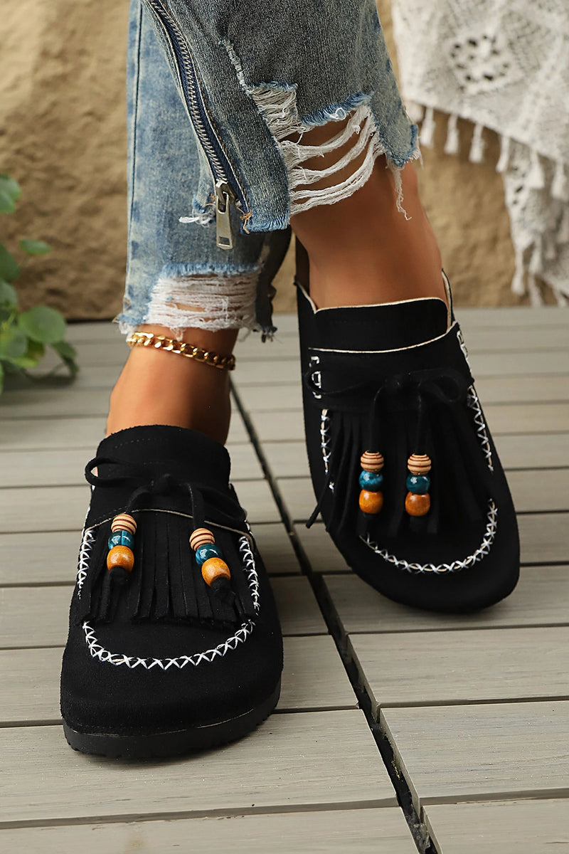 Load image into Gallery viewer, DLLSHOE 170 - Black Boho Fringed Suede Slip-on Loafers Square Toe Casual Slippers

