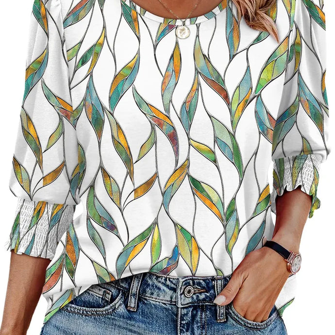 NIHTS74 - Ladies Colorful Leaves Loose Fitting Half Sleeve Round Neck Shirt