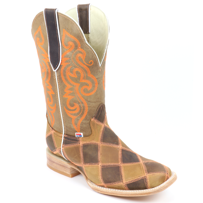 1206 - RockinLeather Men's Orange Stitch Patchwork Western Boot