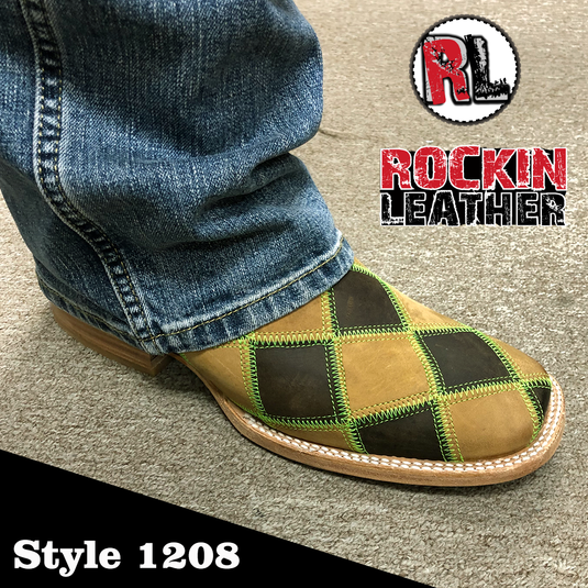 1208 - RockinLeather Men's Patchwork w/Green Stitching Western Boot