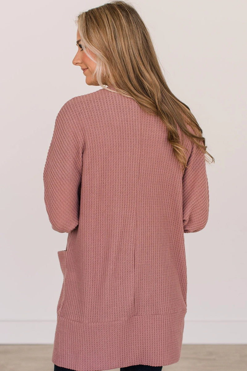 Load image into Gallery viewer, DLLS159 - Ladies Mineral Red Solid Color Waffle Knit Cardigan with Pocket
