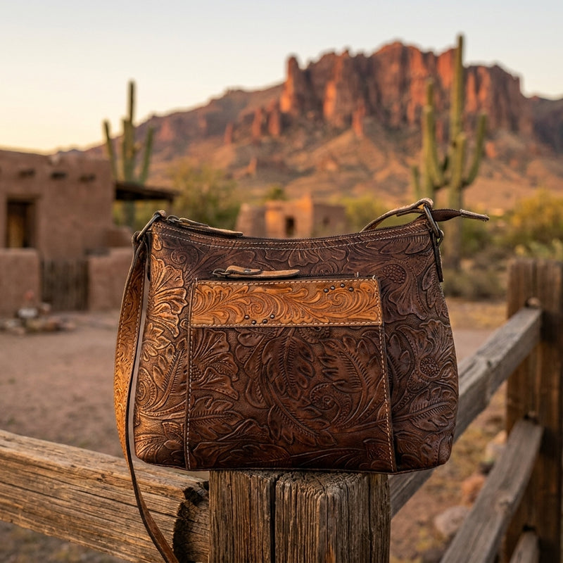 Load image into Gallery viewer, 23061872 - Tony Lama Bronzed Floral Brown Shoulder Bag
