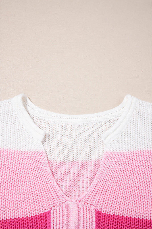 DLLS457 - Ladies Pink Color Block Notch V Neck Sweater T-Shirt