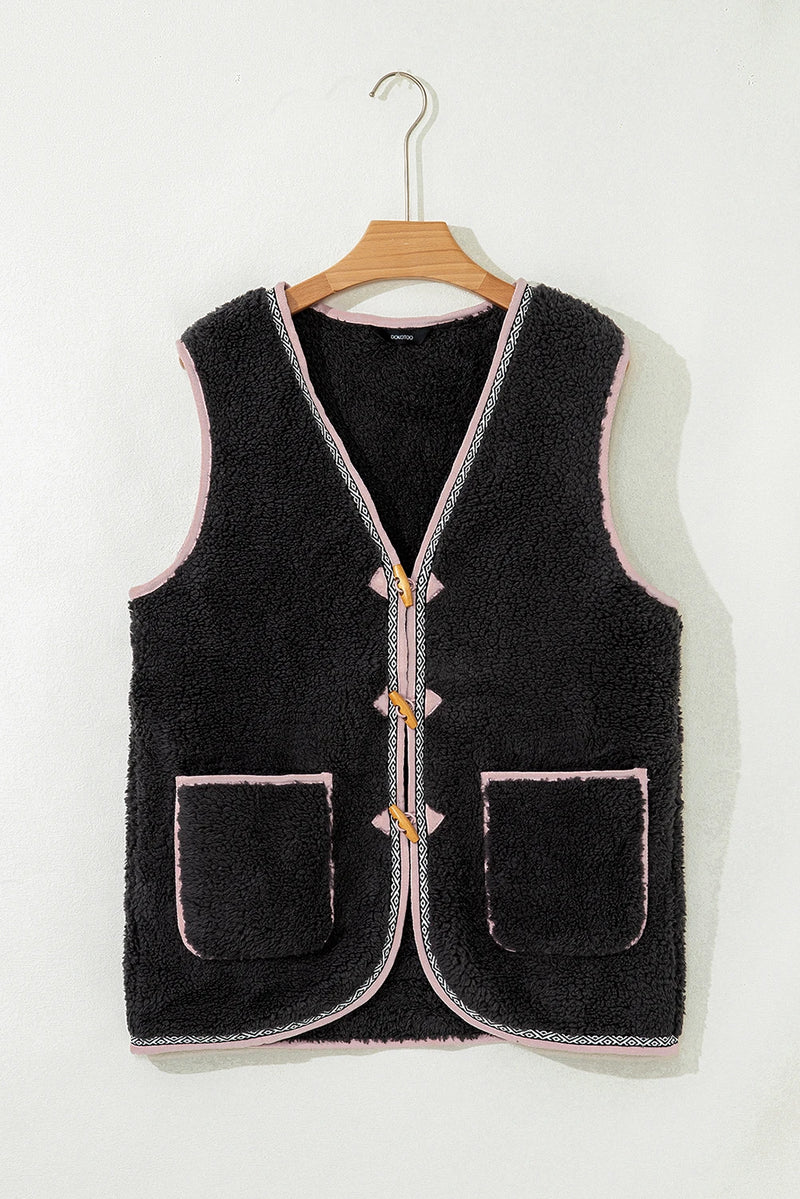 Load image into Gallery viewer, DLLS753 - Ladies Dark Grey Sherpa Contrast Patch Pocket Cartridge Toggle Button Vest
