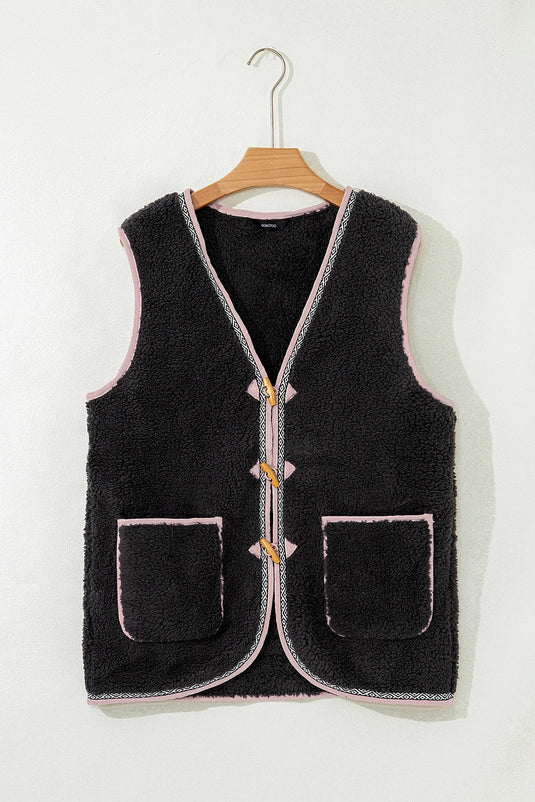 DLLS753 - Ladies Dark Grey Sherpa Contrast Patch Pocket Cartridge Toggle Button Vest