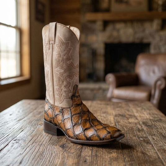 CP5015 - Cowboy Prayer Hand Crafted Golden Brown Pirarucu Print Cowboy Boots
