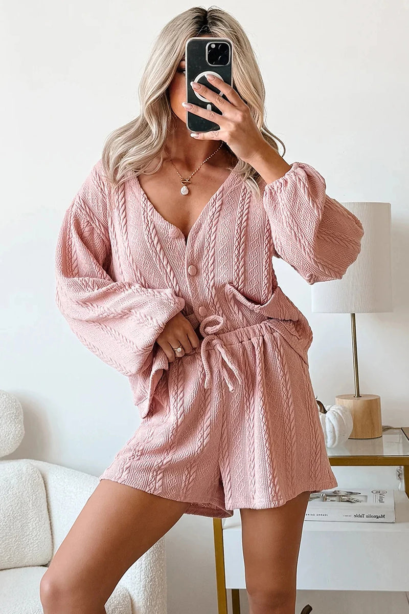 Load image into Gallery viewer, DLLS369 - Ladies Gossamer Pink Cable Knit V Neck Cardigan Shorts Set
