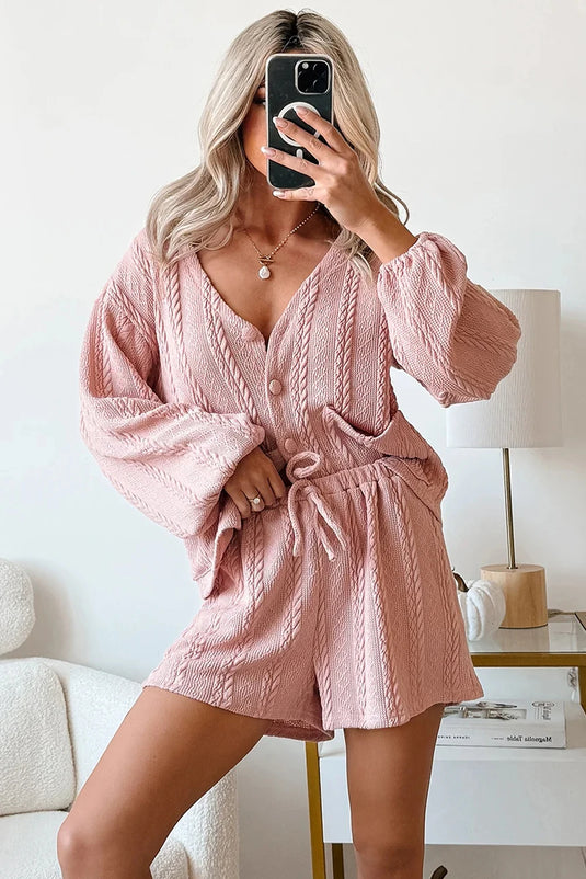 DLLS369 - Ladies Gossamer Pink Cable Knit V Neck Cardigan Shorts Set