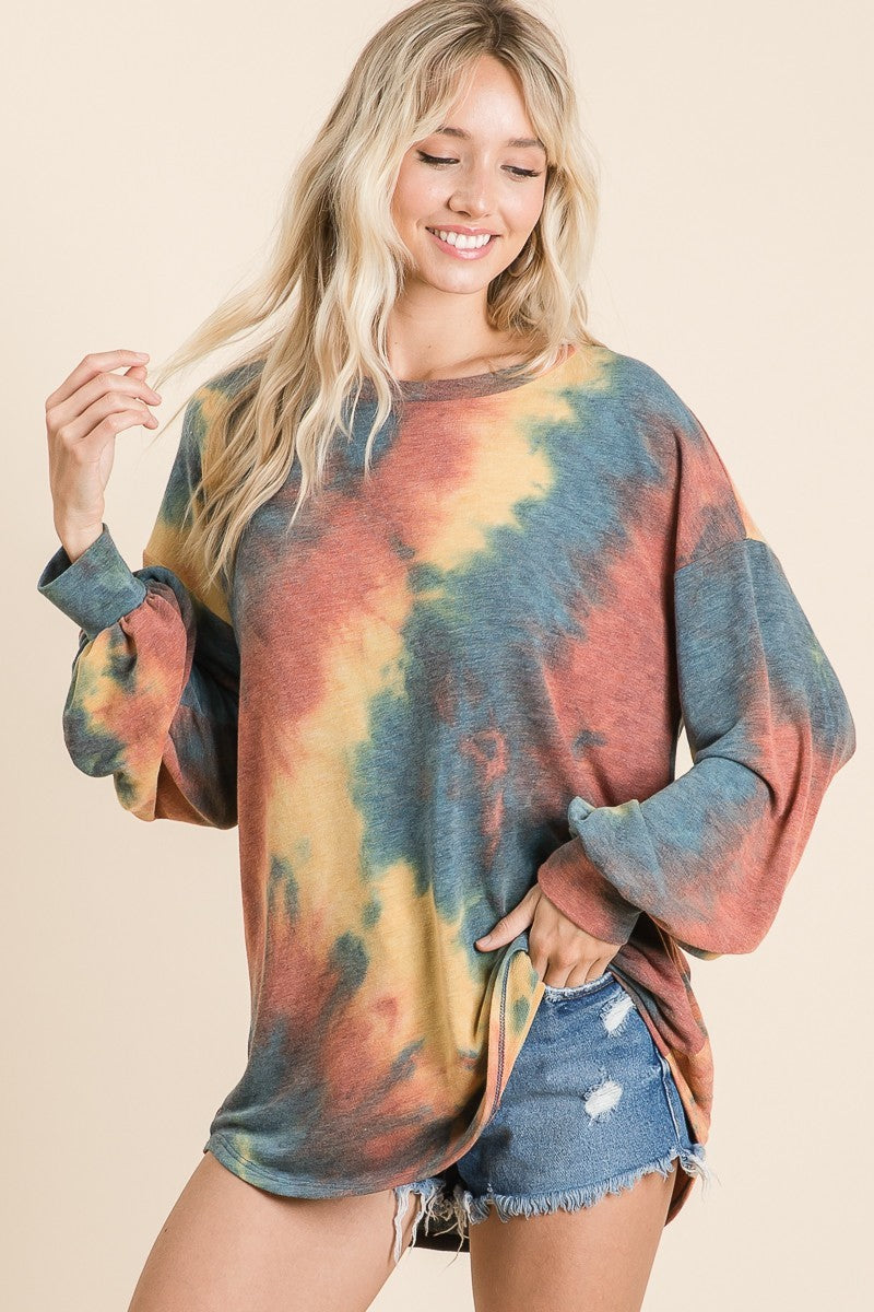 Load image into Gallery viewer, BIBI2- Ladies Tie Dye French Terry Knit Top With Balloon Sleeves
