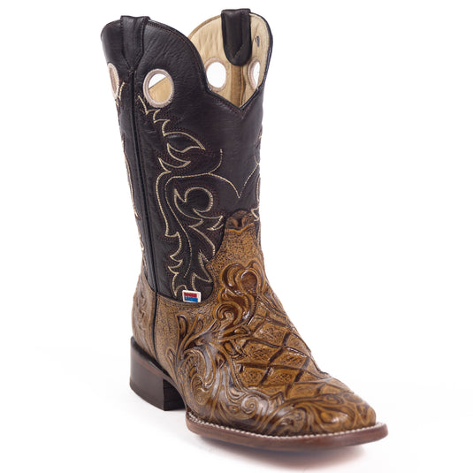 1229 - RockinLeather Men's Capuccino Stamped Cowhide Leather Boot