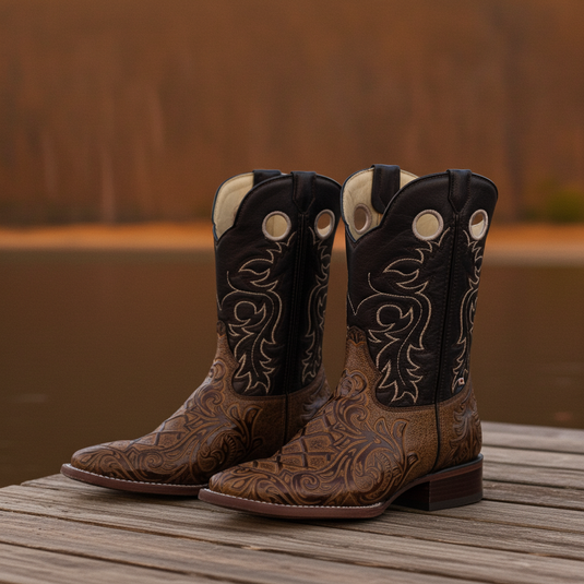 1229 - RockinLeather Men's Capuccino Stamped Cowhide Leather Boot