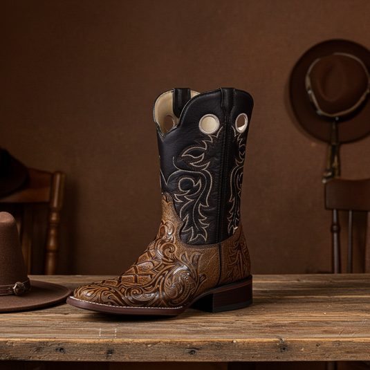 1229 - RockinLeather Men's Capuccino Stamped Cowhide Leather Boot