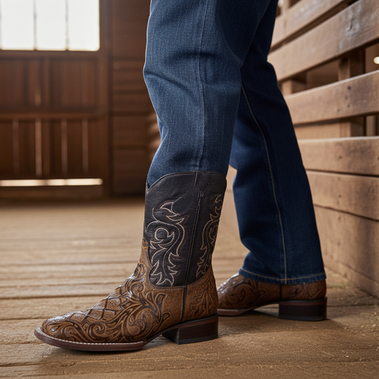 1229 - RockinLeather Men's Capuccino Stamped Cowhide Leather Boot