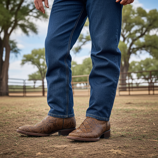 1229 - RockinLeather Men's Capuccino Stamped Cowhide Leather Boot