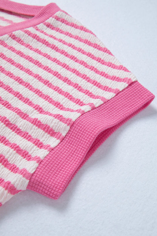DLLS458 - Ladies Pink Stripe Textured Knit Contrast Trim V Neck Short Sleeve Top