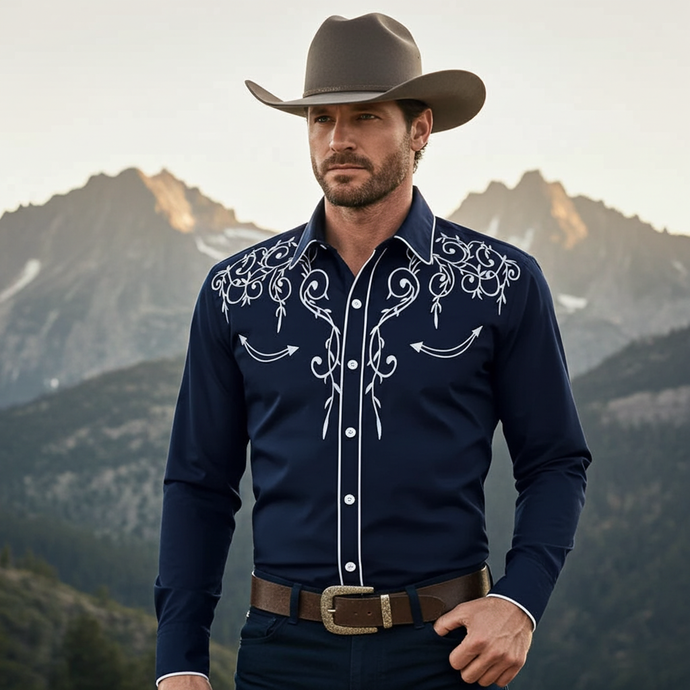 NIHMEN 4 - Men's Blue Embroidered Western Shirt