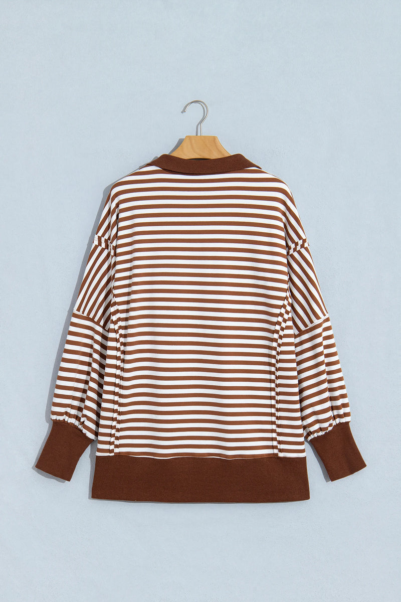 Load image into Gallery viewer, DLLS1087 - Ladies Brown Stripe Color Block Trim Raw Seam Split Hem Loose Pullover Sweatshirt
