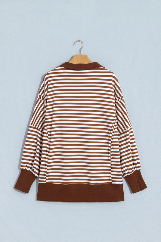 DLLS1087 - Ladies Brown Stripe Color Block Trim Raw Seam Split Hem Loose Pullover Sweatshirt
