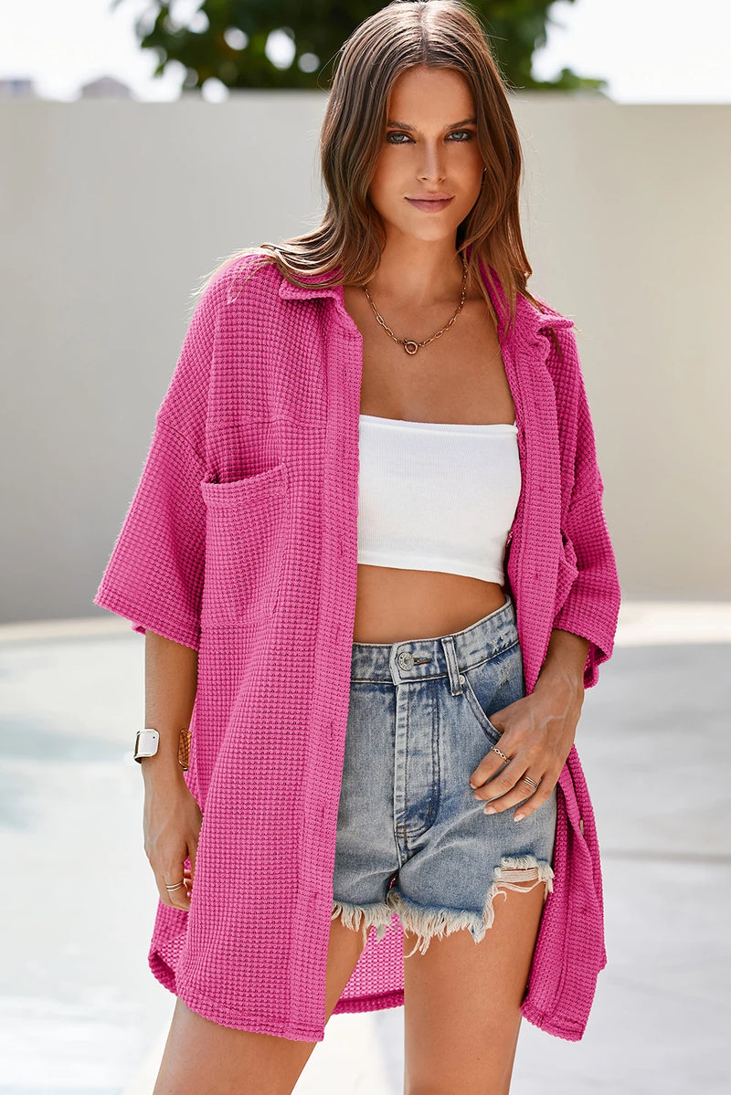 Load image into Gallery viewer, DLLS545 - Ladies Bright Pink Waffle Textured Knit Button Down Short Sleeve Shacket

