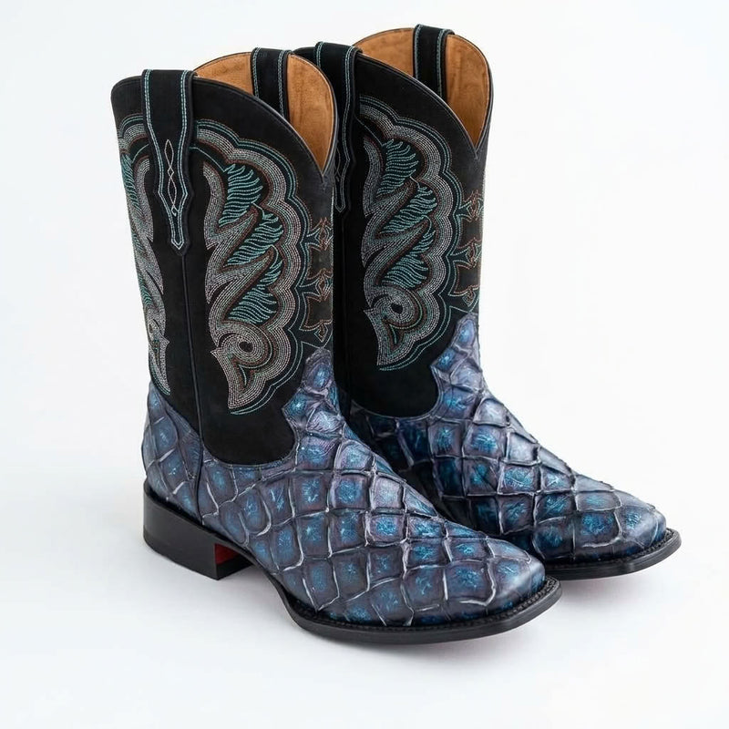 Load image into Gallery viewer, CP1707 - Cowboy Prayer Hand Crafted Blue Pirarucu Print Cowboy Boots
