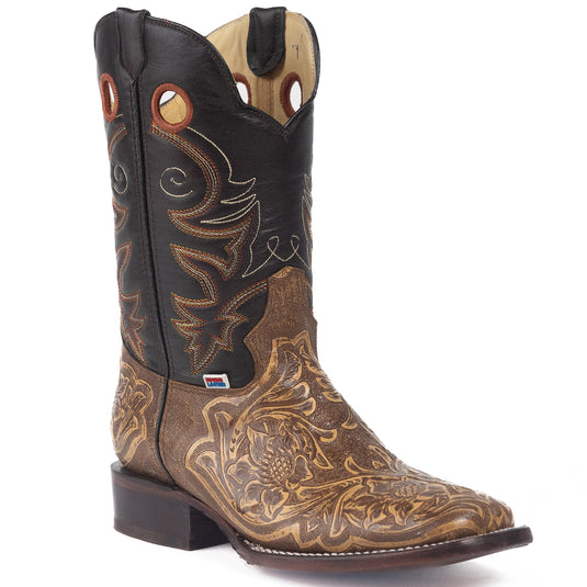 1238 - RockinLeather Men's Antique Brown Stamped Cowhide Leather Boot